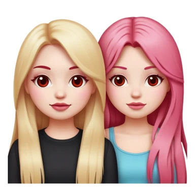 Emoji style, two girl best friends. One with a really girly look, big cheeks, long and straight blonde hair and white skin. The second one with long layered deep red hair with a lot of volume and a 80's rockstar look. sticker