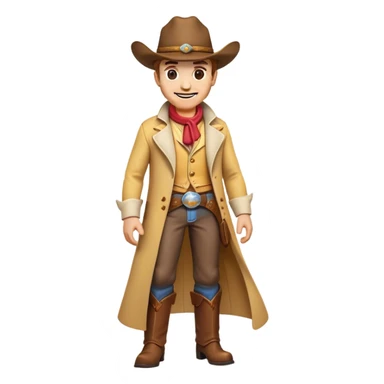 Clash of Clans aesthetic Cheerful Cowboy Portrait Emoji, With a bright, confident smile and a relaxed, adventurous stance, showcasing a stylized, spirited build in a duster coat and classic hat, his face rendered in natural skin tone, Simplified yet expressive features, highly detailed, glowing with a soft, golden western radiance, high shine, upbeat and daring, stylized with an air of classic cowboy allure, soft glowing outline, capturing the essence of a cheerful cowboy ready to gallop into epic adventures! sticker