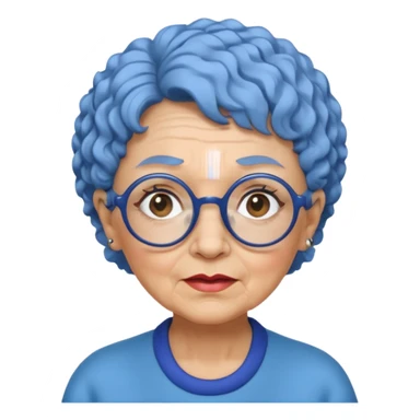 old lady with short, curly blue hair, matching blue eyebrows, light brown skin, round black glasses, and a neutral facial expression. sticker