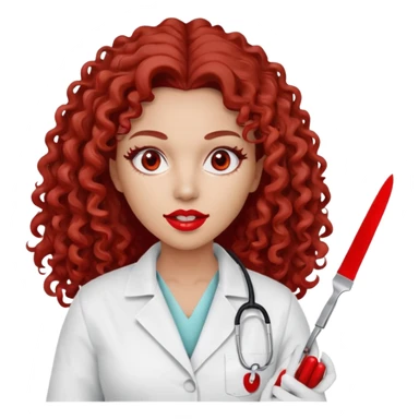0Scary woman scalpel in hand, evil surgeon sexy surgeon clothes.  She has red eyes. Her  brown long curly hair. Wears sexy doctor outfit with red gloves. make her hair free and brown but she  wear mouth cover   to hide. Wears white surgeon jacket and  only   death long , long beown hair  sticker