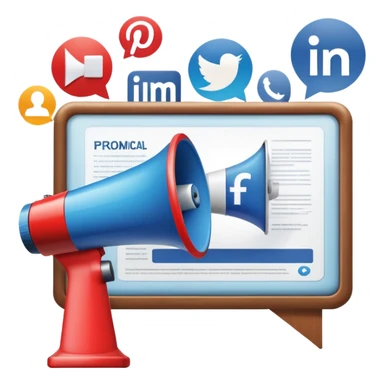 An icon featuring a megaphone, a billboard, and social media icons, symbolizing advertising and public relations. The design includes a press release and a rising graph, representing brand promotion and communication strategies. Transparent background highlights media influence and outreach. sticker