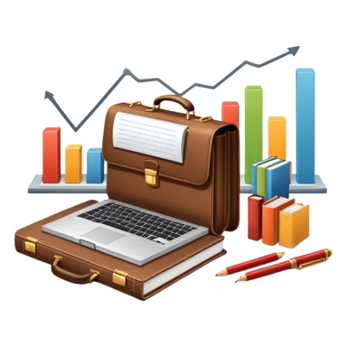 Icon for Business Reading: a prominent book at the forefront, with a briefcase, laptop, and notepad around it, along with a bar graph and symbolizing ideas and growth. The icon should represent the knowledge and strategy of business literature. Transparent background. sticker