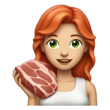 white skin red hair green eyes woman holding meat sticker