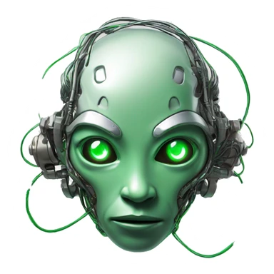 Round Alien cyborg head with glowing wires and green eyes  sticker