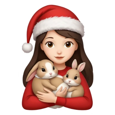 Brunette hugging one beige rabbit christmas sticker