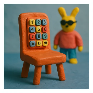 claymation style chair with DTMF buttons, Bad Bunny energy, album cover sticker