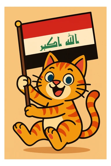 playful cat holding the Iraq flag, vibrant colors, cartoon style, lively and fun sticker