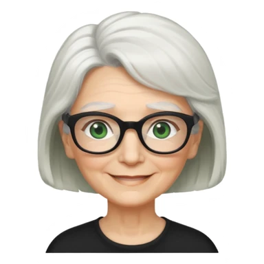 White hair grandma, green eyes, hair to shoulder, lokeg black glasses, rectangles face, smile , sticker