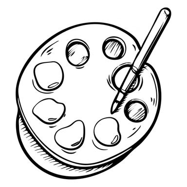 Detailed artist's palette with colorful paint blobs, palette holes, and paintbrushes nearby. Detailed hand-drawn icon style. sticker