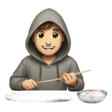 Happy boy with brown hair making sushi in a hoodie sticker
