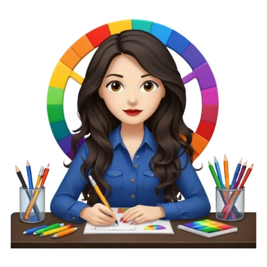 female dark wavy long hair graphic designer , color wheel, pens, papers , desktop sticker