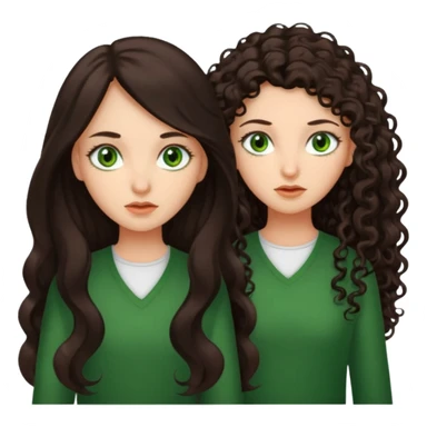 Two scornful girls, 1: long ironed straight darkbrown hair, green eyes, 2: long curly darkbrown hair, brown eyes sticker