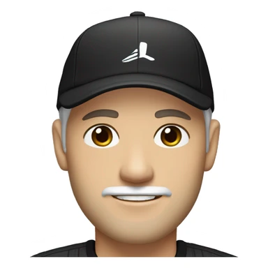 An adult white skin portrait of male with stubble and a slightly gray beard, brown hair, black eyes, wearing a black Reebok cap with a round emblem on his head, and a black sweater with three white stripes on the sleeves underneath. sticker