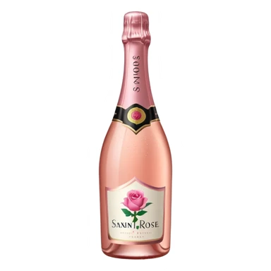 bottle of sparkling rosé champagne with a rose logo on the label, tilted up and to the right, no glass sticker