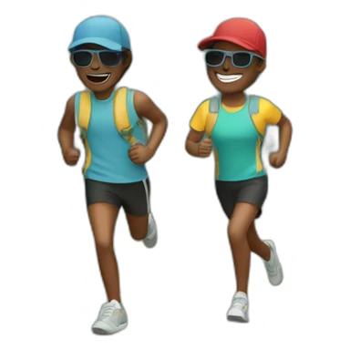 two friends running on the mountains wearing a cap and sunglasses sticker