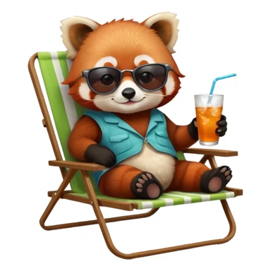 Red panda laying back on lawn chair with a drink wearing sun glasses sticker