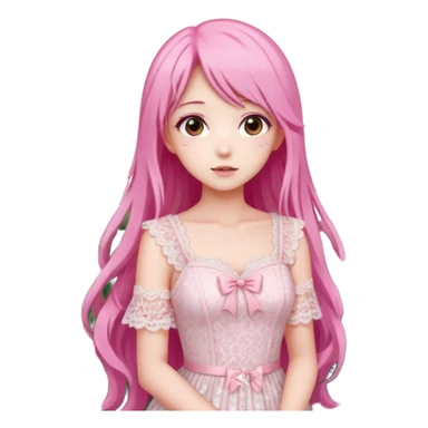pastel anime woman with pink and white lace dress full body and long hair in a rose garden background sticker