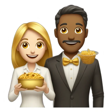 golden modern man and woman friends with camera in one hand and food in other hand, happy smiling sticker