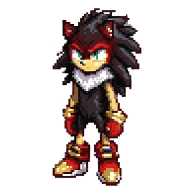Shadow the Hedgehog standing on a ruined highway at dusk, black and red fur, white chest fur, gold rings on gloves, glowing red hover shoes, determined expression, city skyline in background sticker
