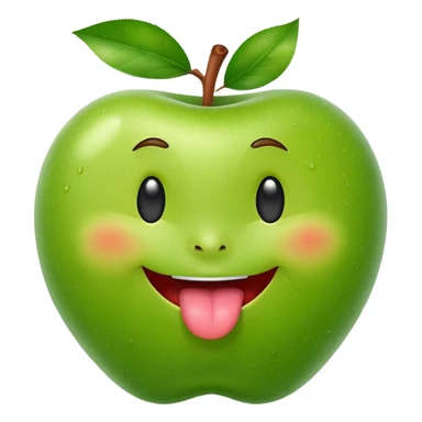 create a happy green apple with a face showing the tongue on IOS style sticker
