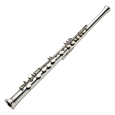 Create an elegant and refined emoji representing a classical silver flute. The design should showcase the sleek, polished silver body of the flute with its keywork and tone holes clearly visible. Highlight the smooth, straight shape of the instrument with subtle light reflections on its metal surface. The keys should be delicately detailed, with their small, round pads visible. Add a slight shine to the flute’s surface to reflect its high-quality craftsmanship. Optionally, include subtle musical notes floating around the flute to evoke its light, melodic sound. The background should be transparent. sticker
