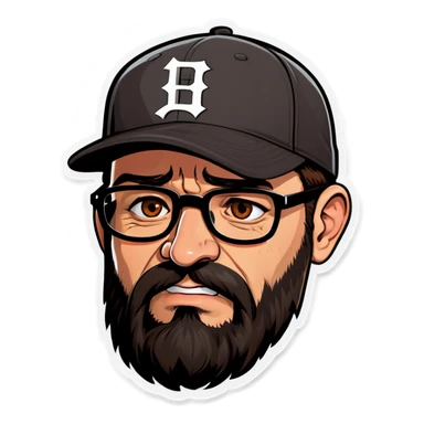 A man with a grey baseball cap, hazel eyes, big dark brown beard and glasses, crying sticker