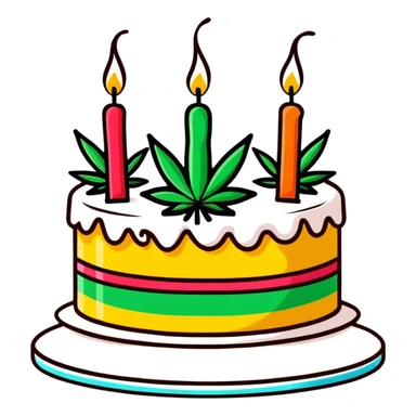 Festive birthday cake with cannabis leaf decorations and birthday candles sticker