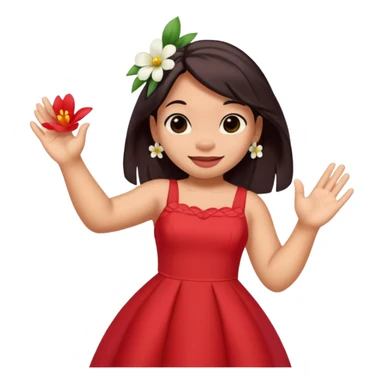 Lilo from Lilo & Stitch waving, wearing a red dress with white flowers, apple style emoji sticker