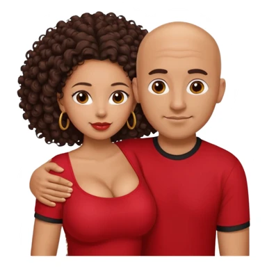 A picture of a tanned couple embracing. the guy is Mexican, with a bald hair cut and he is wearing a red shirt. the girl is mixed, the girl is wearing a black shirt, the girl has brown curly big hair and with big boobs  sticker