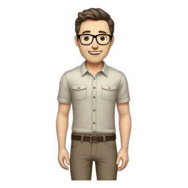 Joyful Full height Pale skinned Fit Man With dark brown hair in gray jacket, beige office shirt, Brown pants and vintage glasses. His thrumbs up sticker