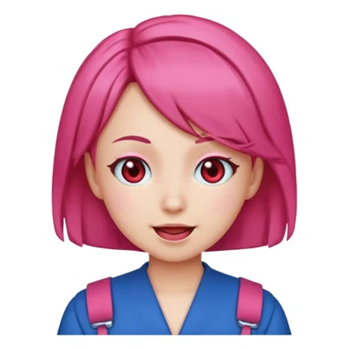 Teto Kasane emoji, apple style, pink twin-drill hair, red eyes, blue outfit, winking sticker