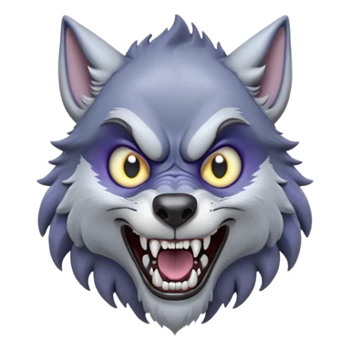 Cinematic Comical Werewolf Portrait Emoji, with a whimsically exaggerated lupine face in vivid moonlit grays and silvers, head cocked in a dramatically shocked expression with comically oversized, wide eyes and a playful snarl, simplified yet hilariously expressive, highly detailed with a soft cartoonish glowing outline capturing the mischievous humor of a werewolf mid-transformation! sticker