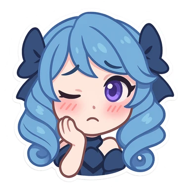 Gwen from League of Legends, chibi emote style, only head visible, right eye purple, shy expression, blushing cheeks, cute and expressive sticker