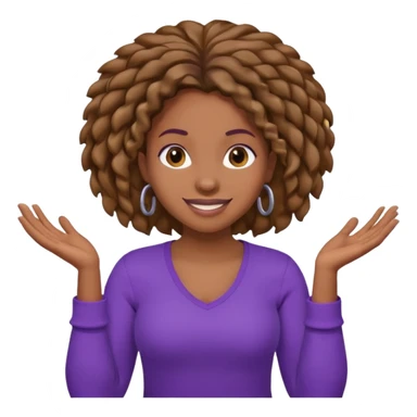 black woman with locks shrugging-smiling with purple shirt sticker