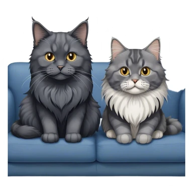 Portrait of a black smoke Maine Coon cat with long grey ear tufts, alongside a British Shorthair cat with a solid blue coat on sofa. Both cats with detailed fur textures and playful expressions. Soft, elegant background of room with flowers and natural tones. Transparent background. sticker