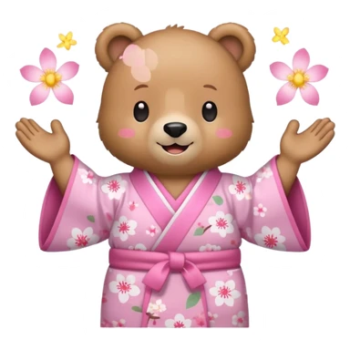 A cute light-brown bear wearing a pastel pink sakura-patterned kimono, normal balanced body ratio.  
Clapping hands cheerfully with a big bright smile and small spark effects around.  
Kawaii emoji style, minimalistic clean sticker illustration, white background.
 sticker