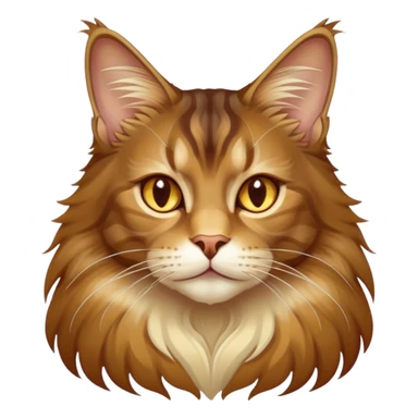 Cinematic Maine Coon Cat Portrait Emoji, Elegant and alert, sleek brown, gold, and cream tones, Simplified yet sharp features, highly detailed, glowing with a warm, confident glow, high shine, intelligent and poised, stylized with an air of grace, focused and attentive, soft glowing outline, capturing the essence of strength and grace, so lifelike it feels as though it could spring into motion with its majestic tail swishing at any moment! sticker