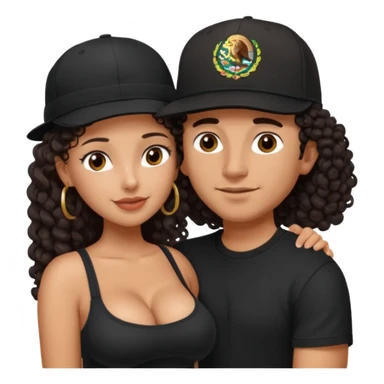 A picture of an embracing tanned couple. the man is a Mexican man with tanned skin, with a bald hair cut wearing a SnapBack hat and a black shirt. the woman is shorter, with long curly dark brown hair and with big boobs   sticker