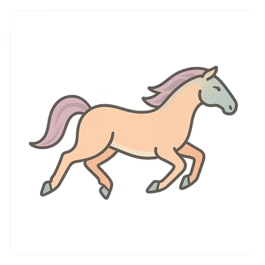 A horse in Chinese Eastern style with thin clean contours and soft rounded shapes. The pose is like the reference with all four legs in a jump, none touching the ground. Use a pastel palette with colors #98B5BC, #B5B3C1, #C9A3C9, #E4C0CA, #F7DCD1, #F7C0AA. Include detailed shadows and highlights with soft lighting. The background is transparent. The style is less cute and without decorative elements. sticker