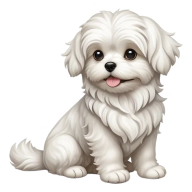 detailed-[wavy haired maltese-dog]-realistic-full-body-sitting-emoji,-tail-resting-loosely-beside-its-paws,-head-tilted-dramatically,--wavy-[white]-fur,-simplified-yet-realistic-focused-features,-highly-detailed,-glowing-with-an-almost-sarcastic sticker