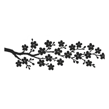 long sakura branch with solid fill, monochrome, many small flowers, eastern style, no background, for sign decoration, 1200x100px sticker