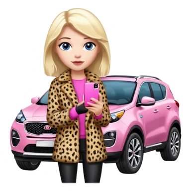 a blondie queen Arina in a leopard fur and pink iPhone 16 on her kia Sportage white car. blue eyes sticker