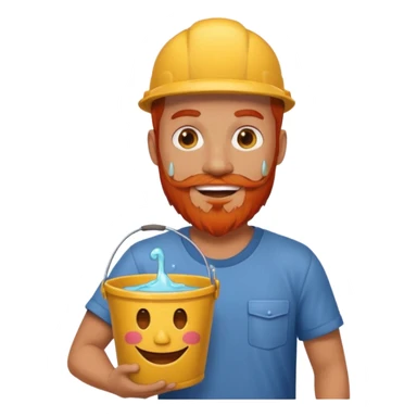 Man with red beard carrying bucket of melting smiley face sticker