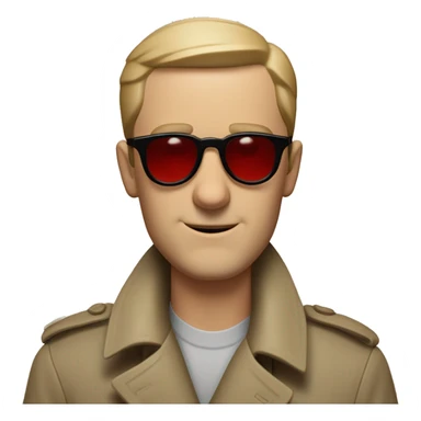 <excerpt>
A 1930s white man with real buzz cut Black hair, beard stubble donning tiny red tinted sun glasses in a dirty tan trench coat, is serious.
</excerpt> sticker