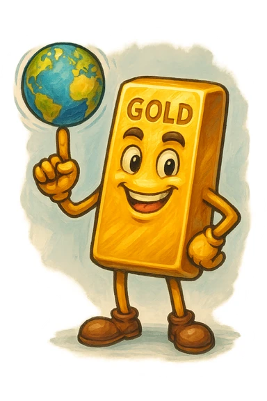 В cлегка рисованной, но при этом объемной и яркой стилистике сгенерируй картинку где слиток золото с руками и ногами стоит и смотрит на зрителя улыбается, в одной руке он на указательном пальце держит вертящуюся землю, как баскетбольный мяч, прозрачный фон sticker