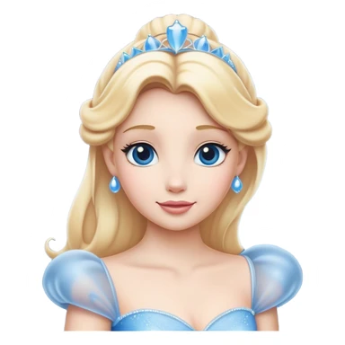 Cinematic Timeless Cinderella Portrait Emoji, rendered in a realistic, simplified vector style. Depict a classic Cinderella with delicate fair skin, beautifully styled blonde hair, and a calm, content expression, dressed in her iconic gown. The design is highlighted by a soft glowing outline and gentle, enchanting luminosity, capturing the essence of pure fairy-tale elegance. sticker