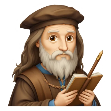 cinematic-realistic-leonardo-da-vinci-portrait-emoji,-depicted-as-the-quintessential-renaissance-polymath-with-deep,-thoughtful-eyes,-a-flowing-beard,-and-a-quill-or-sketchbook-in-hand.-the-scene-is-illuminated-with-warm,-classical-light sticker