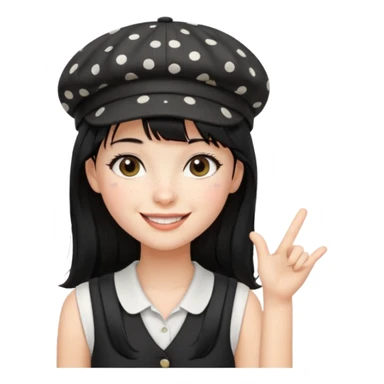 pinterst girl with heavy bang, black long strait hair and black pica dot newsboy cap on her hat, wearing white sleeveless  sticker