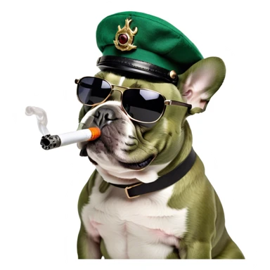 A French bulldog smokes from a glass pipe sticker