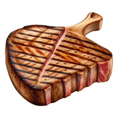 Cinematic thick-cut t-bone steak, perfectly seared with grill marks, a grilled center, rich and savory, warm glow, sizzling and mouthwatering, highly detailed and appetizing. sticker